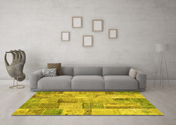 Machine Washable Patchwork Yellow Transitional Rug in a Living Room, wshcon2885yw
