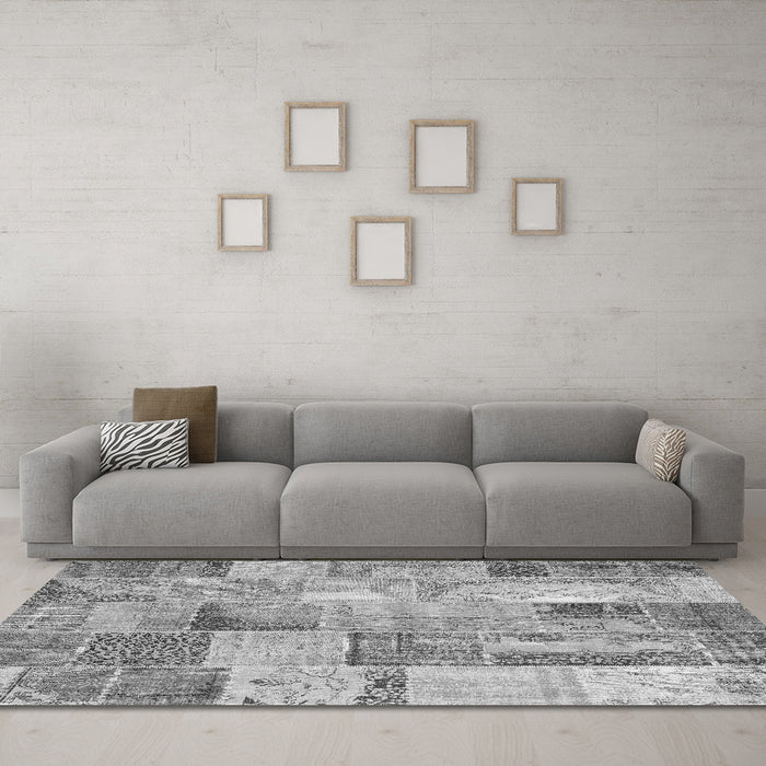Machine Washable Patchwork Gray Transitional Rug in a Living Room,, wshcon2885gry