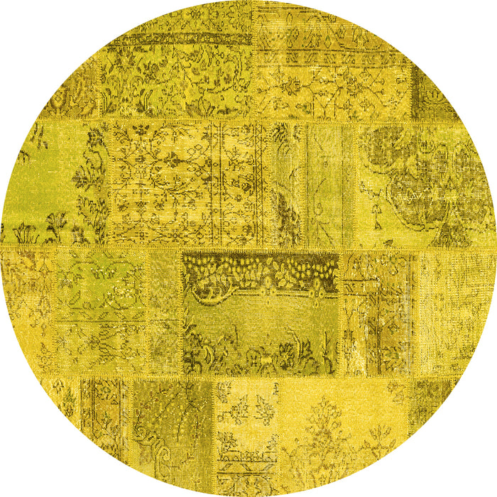 Round Machine Washable Patchwork Yellow Transitional Rug, wshcon2886yw