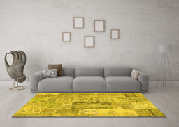 Machine Washable Patchwork Yellow Transitional Rug in a Living Room, wshcon2886yw