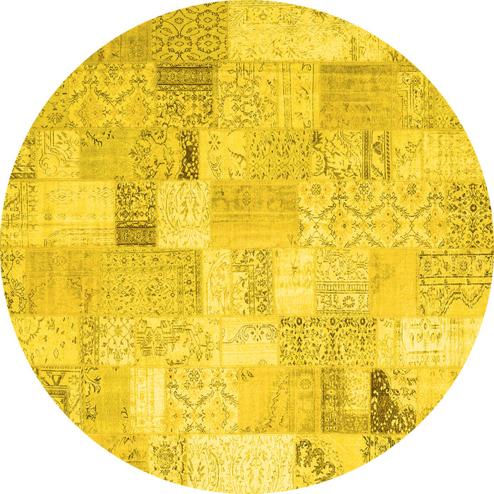 Round Machine Washable Patchwork Yellow Transitional Rug, wshcon2887yw