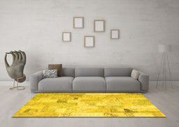 Machine Washable Patchwork Yellow Transitional Rug in a Living Room, wshcon2887yw