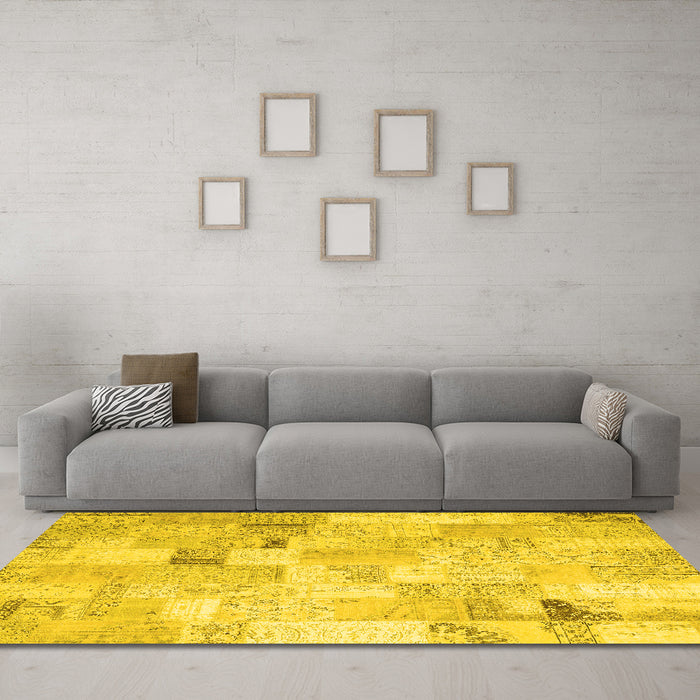Machine Washable Patchwork Yellow Transitional Rug in a Living Room, wshcon2887yw