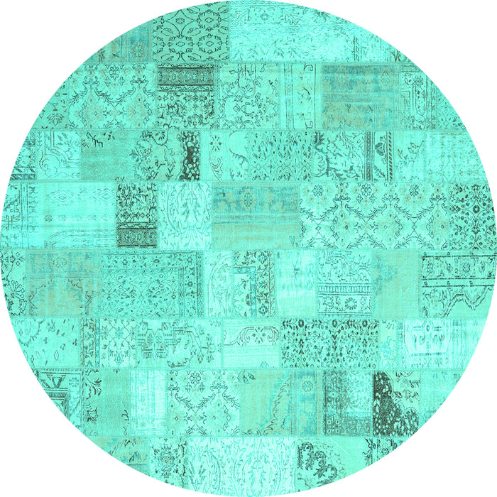 Round Machine Washable Patchwork Turquoise Transitional Area Rugs, wshcon2887turq