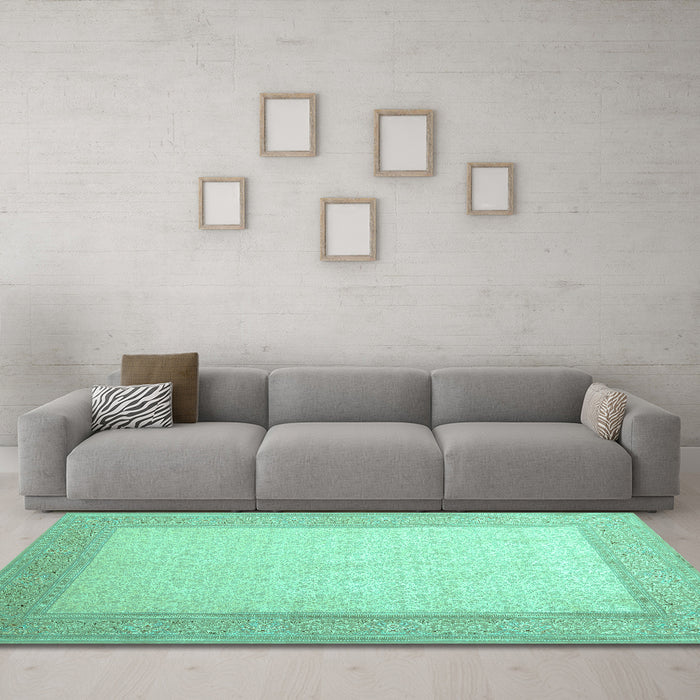 Machine Washable Abstract Turquoise Contemporary Area Rugs in a Living Room,, wshcon288turq