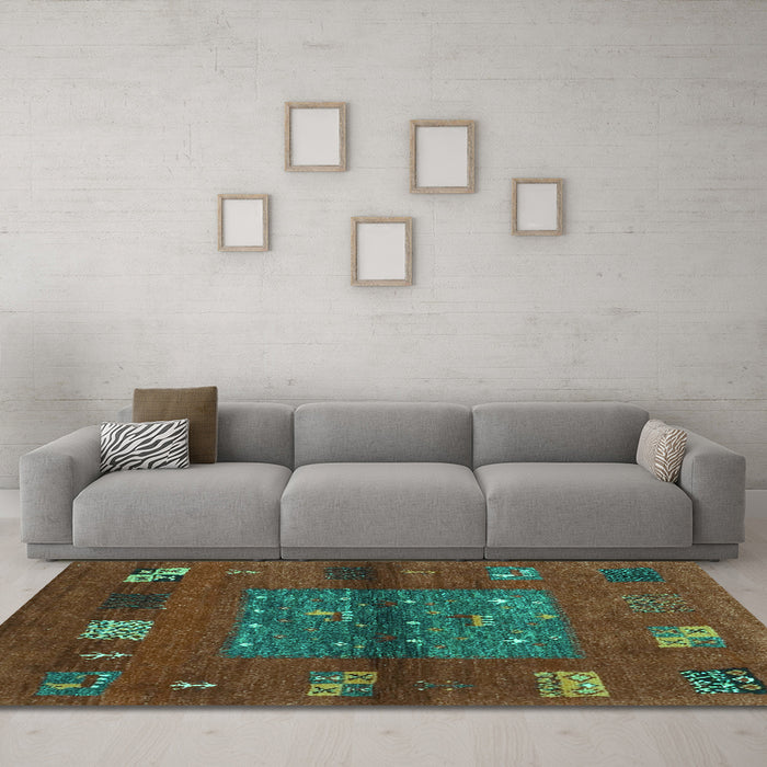 Machine Washable Abstract Turquoise Contemporary Area Rugs in a Living Room,, wshcon2904turq
