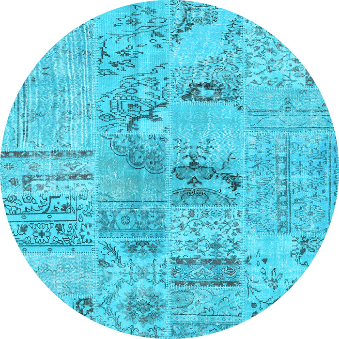 Round Machine Washable Patchwork Light Blue Transitional Rug, wshcon2906lblu