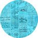 Round Machine Washable Patchwork Light Blue Transitional Rug, wshcon2906lblu