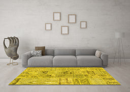 Machine Washable Patchwork Yellow Transitional Rug in a Living Room, wshcon2906yw