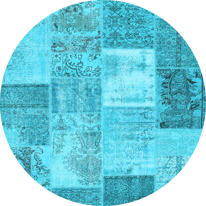 Round Machine Washable Patchwork Light Blue Transitional Rug, wshcon2907lblu