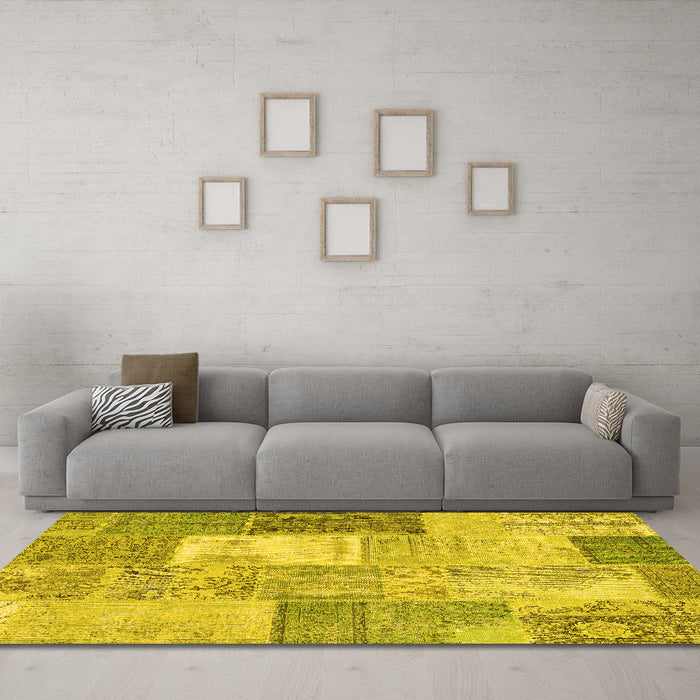 Machine Washable Patchwork Yellow Transitional Rug in a Living Room, wshcon2907yw