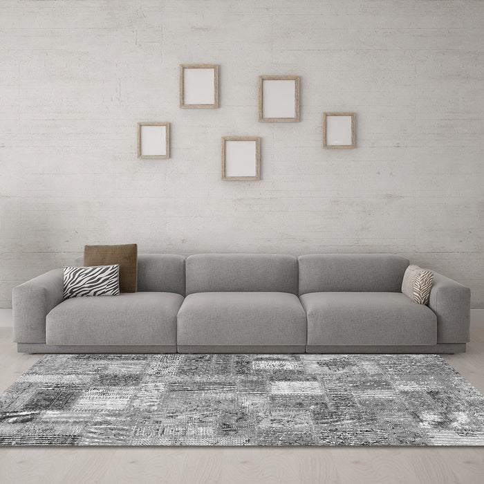 Machine Washable Patchwork Gray Transitional Rug in a Living Room,, wshcon2908gry