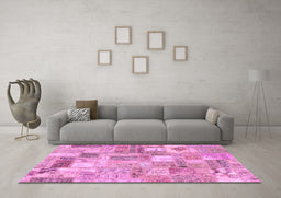 Machine Washable Patchwork Pink Transitional Rug in a Living Room, wshcon2908pnk