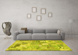 Machine Washable Patchwork Yellow Transitional Rug in a Living Room, wshcon2908yw