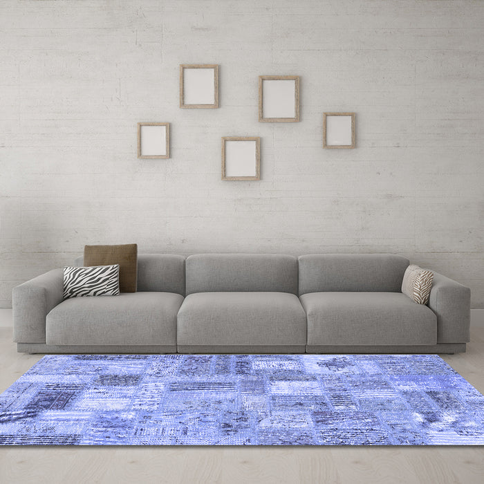 Machine Washable Patchwork Blue Transitional Rug in a Living Room, wshcon2908blu