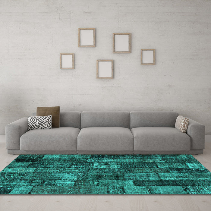Machine Washable Patchwork Turquoise Transitional Area Rugs in a Living Room,, wshcon2909turq