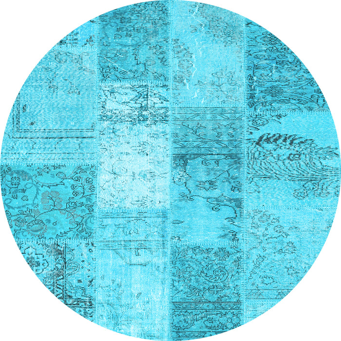 Round Machine Washable Patchwork Light Blue Transitional Rug, wshcon2910lblu