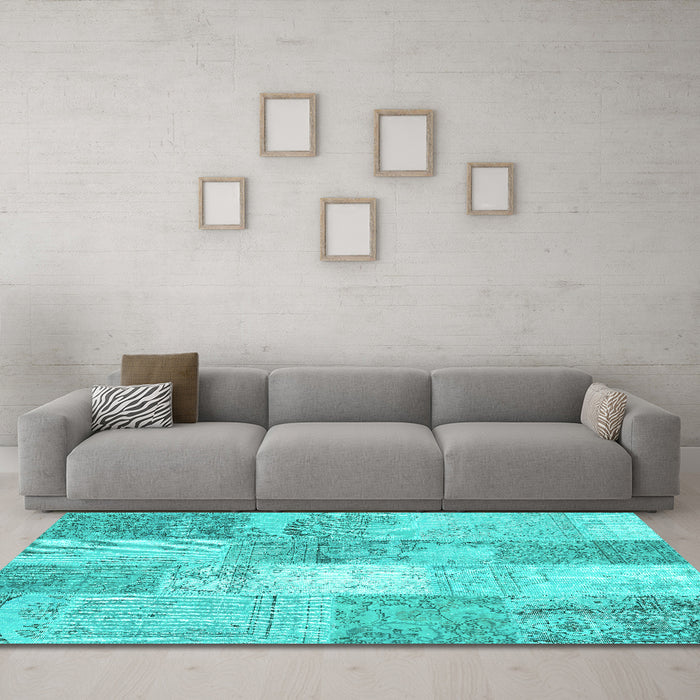 Machine Washable Patchwork Turquoise Transitional Area Rugs in a Living Room,, wshcon2910turq
