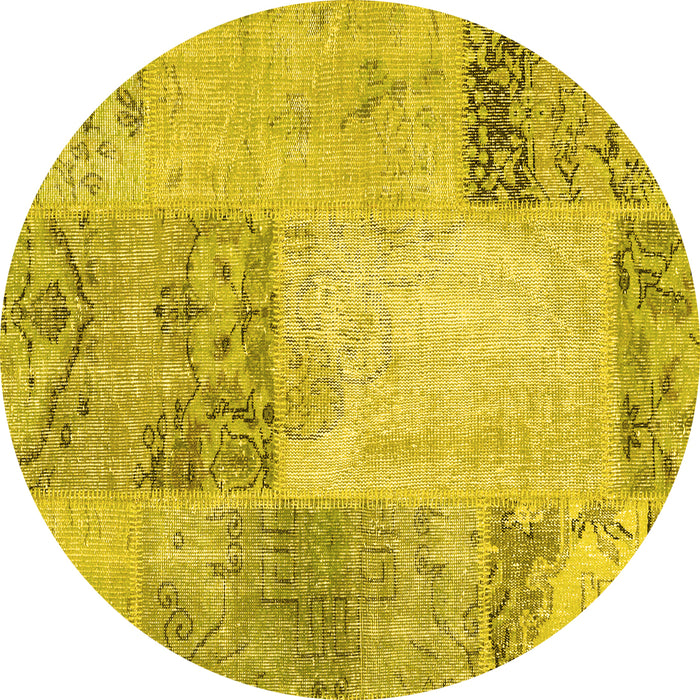 Round Machine Washable Patchwork Yellow Transitional Rug, wshcon2911yw