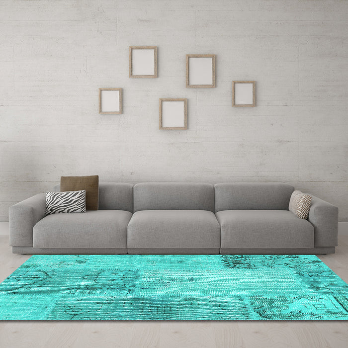 Machine Washable Patchwork Turquoise Transitional Area Rugs in a Living Room,, wshcon2911turq
