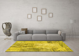 Machine Washable Patchwork Yellow Transitional Rug in a Living Room, wshcon2911yw