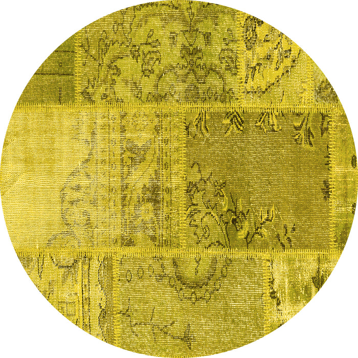 Round Machine Washable Patchwork Yellow Transitional Rug, wshcon2912yw