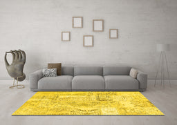 Machine Washable Patchwork Yellow Transitional Rug in a Living Room, wshcon2913yw