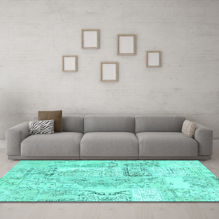 Machine Washable Patchwork Turquoise Transitional Area Rugs in a Living Room,, wshcon2913turq