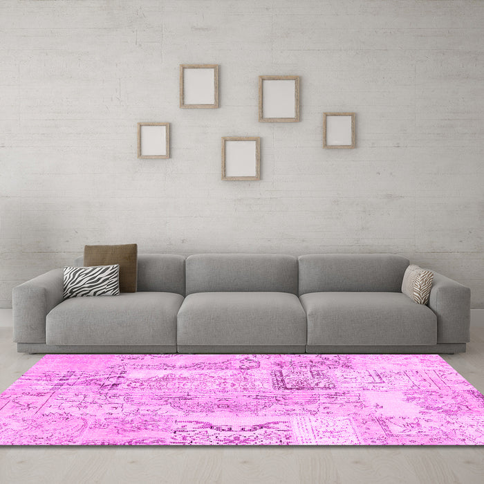 Machine Washable Patchwork Pink Transitional Rug in a Living Room, wshcon2913pnk