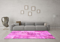 Machine Washable Patchwork Pink Transitional Rug in a Living Room, wshcon2914pnk