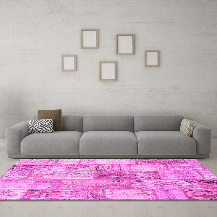 Machine Washable Patchwork Pink Transitional Rug in a Living Room, wshcon2914pnk