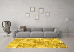 Machine Washable Patchwork Yellow Transitional Rug in a Living Room, wshcon2914yw
