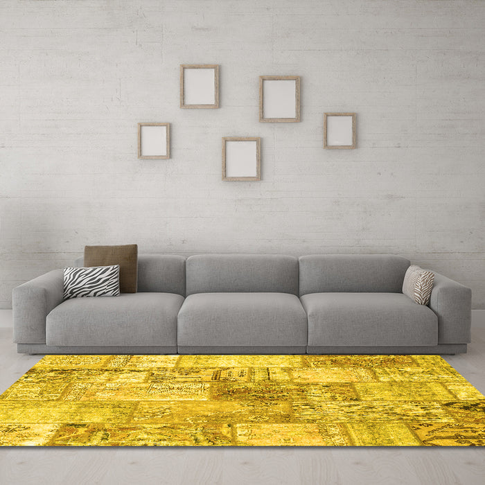 Machine Washable Patchwork Yellow Transitional Rug in a Living Room, wshcon2914yw