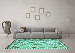 Machine Washable Southwestern Turquoise Country Area Rugs in a Living Room,, wshcon2919turq