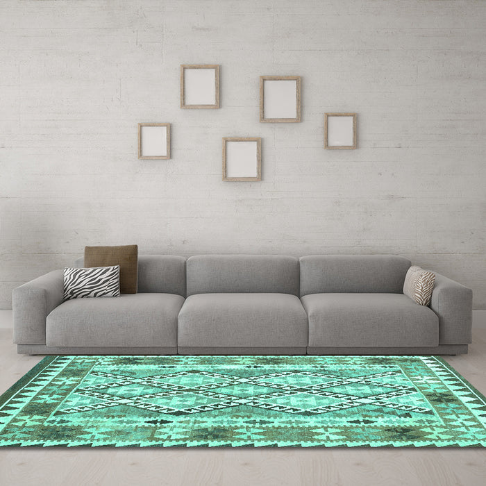 Machine Washable Southwestern Turquoise Country Area Rugs in a Living Room,, wshcon2919turq