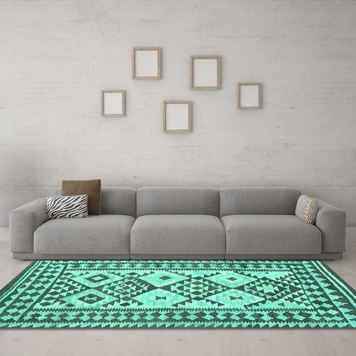 Machine Washable Southwestern Turquoise Country Area Rugs in a Living Room,, wshcon2921turq
