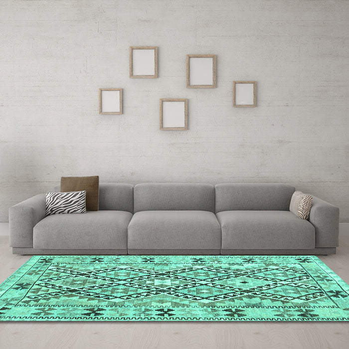 Machine Washable Southwestern Turquoise Country Area Rugs in a Living Room,, wshcon2923turq