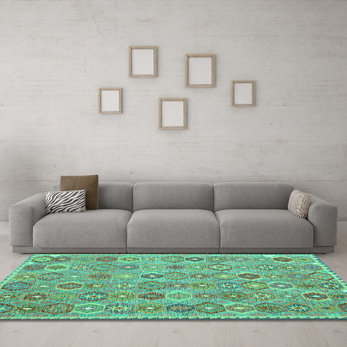 Machine Washable Abstract Turquoise Contemporary Area Rugs in a Living Room,, wshcon2928turq