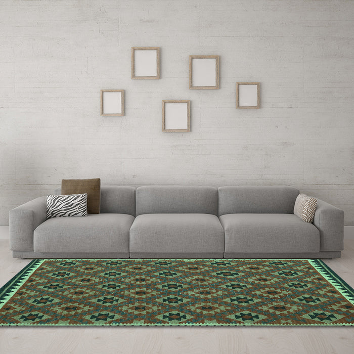 Machine Washable Oriental Turquoise Traditional Area Rugs in a Living Room,, wshcon2929turq