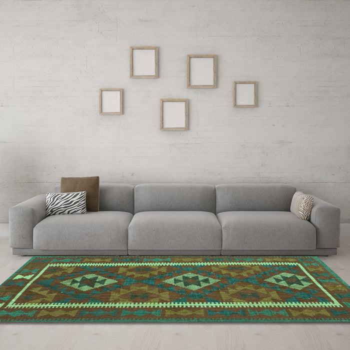 Machine Washable Oriental Turquoise Traditional Area Rugs in a Living Room,, wshcon2931turq