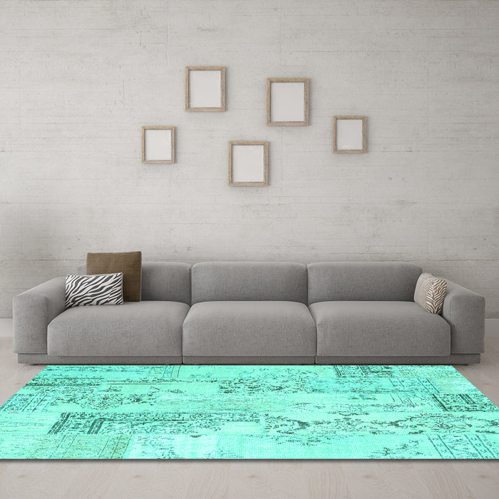 Machine Washable Abstract Turquoise Contemporary Area Rugs in a Living Room,, wshcon2933turq