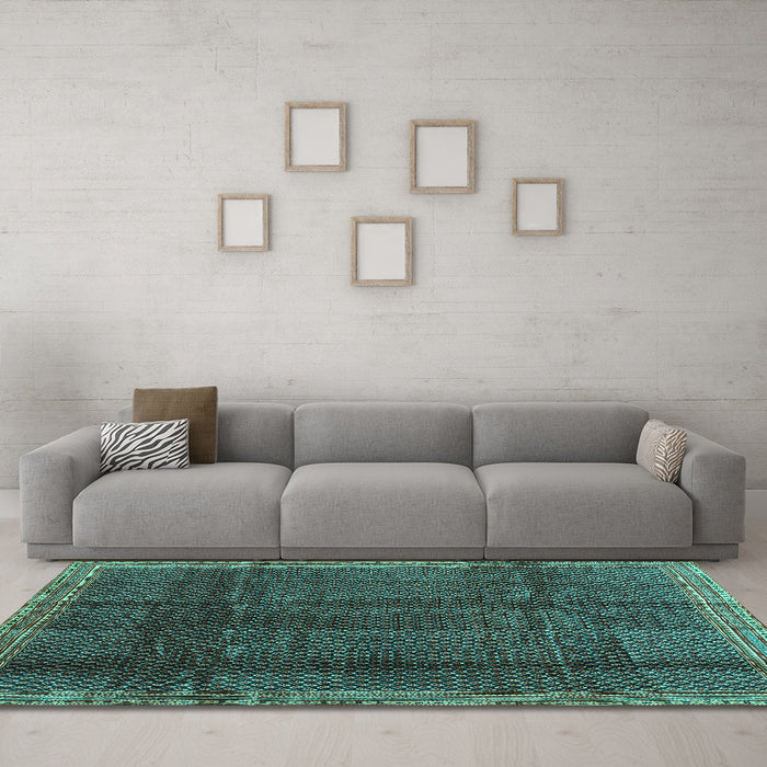 Machine Washable Abstract Turquoise Contemporary Area Rugs in a Living Room,, wshcon2934turq
