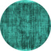 Round Machine Washable Abstract Turquoise Contemporary Area Rugs, wshcon2938turq