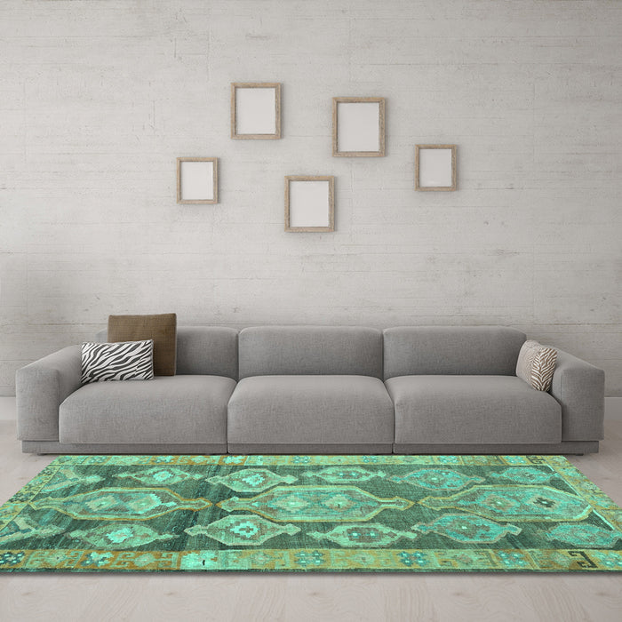 Machine Washable Oriental Turquoise Traditional Area Rugs in a Living Room,, wshcon2955turq