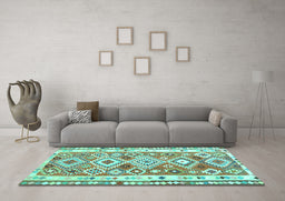 Machine Washable Oriental Turquoise Traditional Area Rugs in a Living Room,, wshcon2956turq