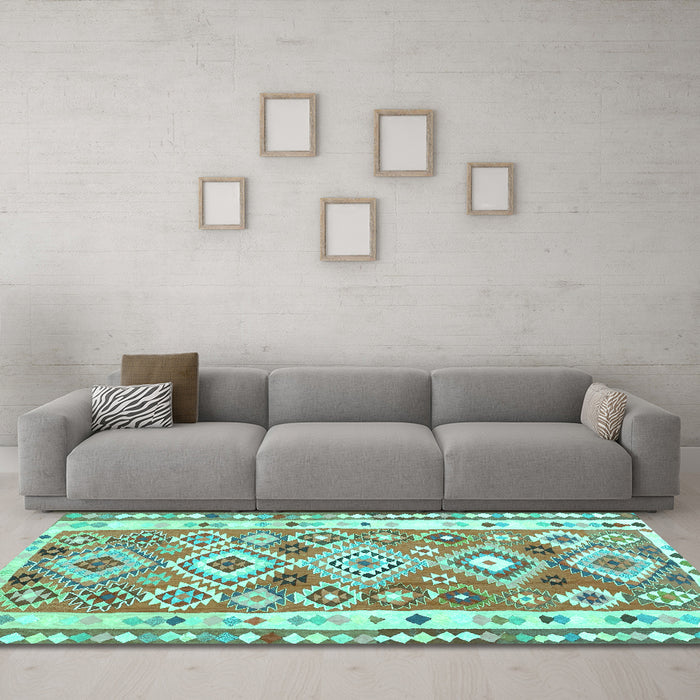 Machine Washable Oriental Turquoise Traditional Area Rugs in a Living Room,, wshcon2956turq