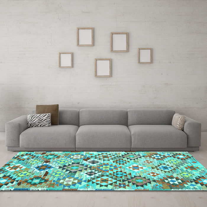 Machine Washable Southwestern Turquoise Country Area Rugs in a Living Room,, wshcon2957turq