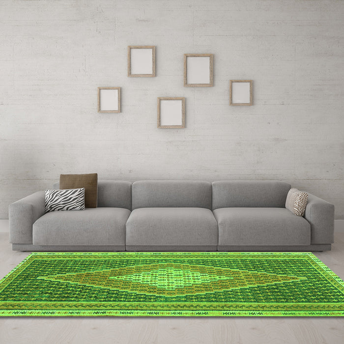 Machine Washable Abstract Green Contemporary Area Rugs in a Living Room,, wshcon2958grn