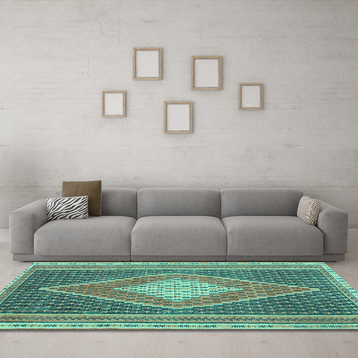 Machine Washable Abstract Turquoise Contemporary Area Rugs in a Living Room,, wshcon2958turq