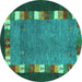 Round Machine Washable Abstract Turquoise Contemporary Area Rugs, wshcon2968turq